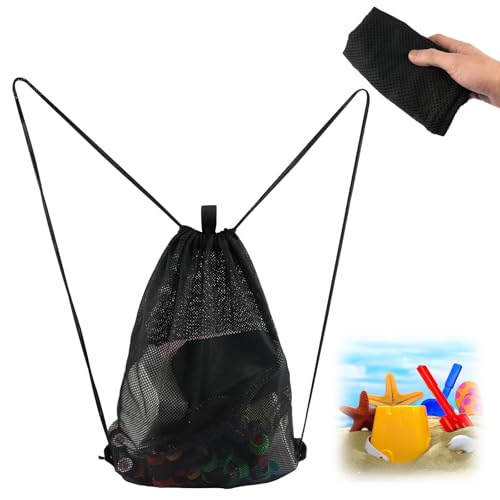 Mesh Strandtasche, Groß Sandspielzeug Tasche Netztasche Strand（45×60CM),Tragbar Netzrucksäcke mit Kordelzug, Sommer Aufbewahrungsnetztasche für zum Schwimmen, Tauchen, Reisen und Fitness-Schwarz