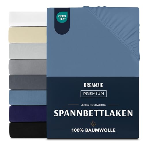 Dreamzie Premium Spannbettlaken 140x200 cm, Spannbetttuch für Dicke Matratzen bis zu 22 cm, Bettlaken 100% Jersey Baumwolle, 150 g/m², Oeko-TEX Zertifiziert - Blau