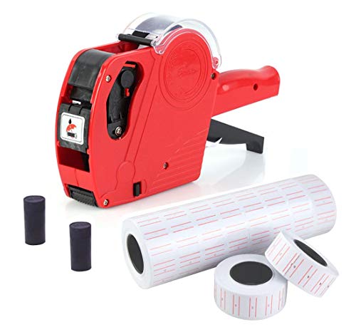 JZK Preisauszeichner 1 Linie 8 Zeichen Einzelhandel Preisschild Pistole Kit mit 10 Rollen Etikett und 2 Tintenpatronen, rot