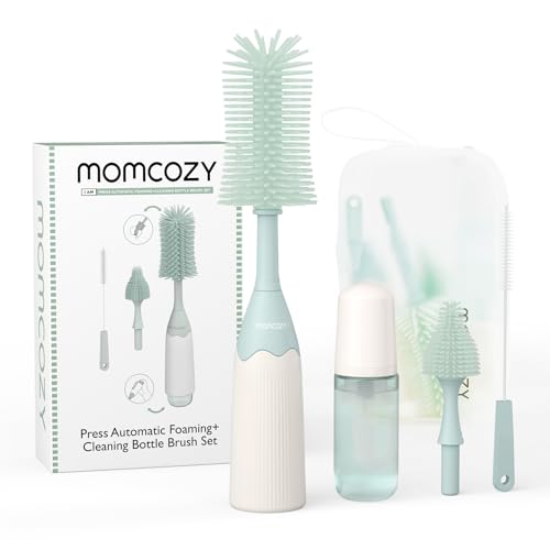 Momcozy Baby Flaschenbürste Set mit Druck-Schaumtechnologie | Silikon Flaschenbürste für Babyflaschen, Milchpumpen & Sauger | BPA-frei, 360° Reinigung & Reise-Etui
