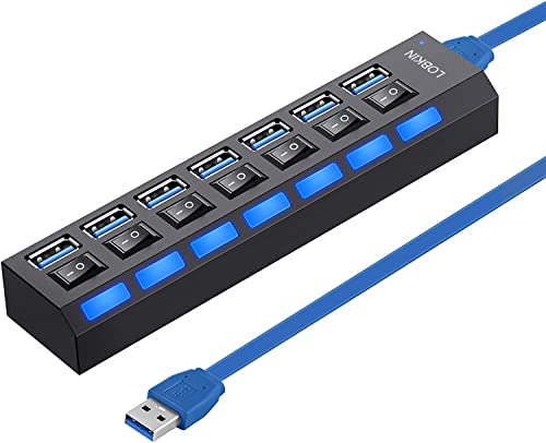 LOBKIN USB Hub 7-Port,Tragbar USB 3.0 Hub mit Einzelnen LED-Netzschaltern fur Laptop, PC, MacBook und weitere USB Geräte