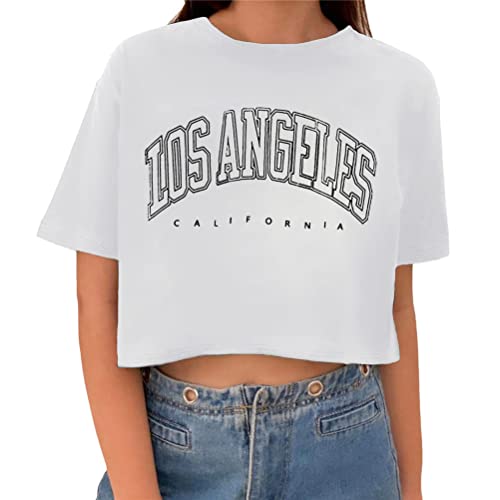 Tomwell Damen Kurzarm Crop Top Shirt Bauchfrei Sportshirt Sommer Kurzarm Grafikdruck Shirt Tunika Lose Rundhals Crop Tshirt Frauen Bluse Oberteile für Teen Girls Sommer A Weiß XS