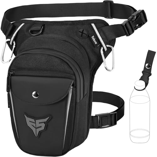Eshow Beintasche Motorrad für Herren Damen, Oberschenkeltasche Gürteltasche Erweiterbare Stauraum, Bauchtasche mit 1 Flaschenhalter 2 Karabinern Reflexstreifen für Wandern Radfahren Schwarz