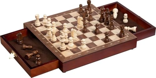 goki Magnetisches Schachspiel mit Schubladen - Tragbares Holzspielzeug für Kinder ab 7 Jahren, magnetische Figuren für mehr Standfestigkeit und praktische Aufbewahrung