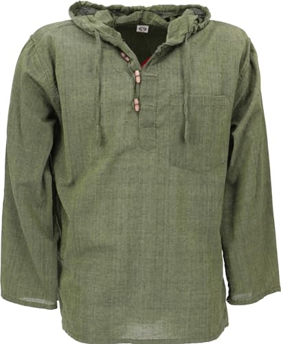 GURU SHOP Nepal Hemd, Goa Hippie Sweatshirt, Yogashirt, Schlupfhemd mit Kapuze - Olive, Herren, Baumwolle, Size:L
