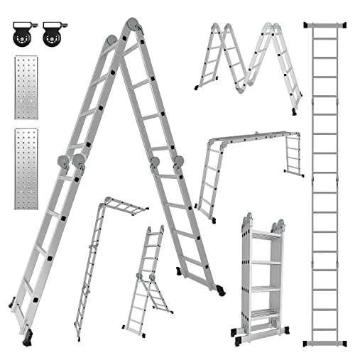 Ikodm 4x4 Stufen Mehrzweckleiter 4,7 m 7 in 1 Aluminium Multifunktionsleiter bis 150 kg mit 2 Transport Rollen und 2 Plattform, Gelenkleiter Klappleiter Stehleiter Aluleiter