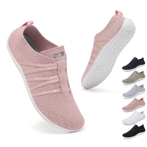 Geweo Barfußschuhe Damen Traillaufschuhe Leicht Training Fitnessschuhe Strand Straßenlaufschuhe Laufschuhe Wander Wald Sports Schuhe Für Frauen Outdoor Indoor Sneakers Rosa 40EU