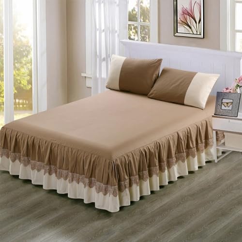 XCLOOZGL Bettlaken Super Weich Baumwolle Farbe Patchwork Bettrock Aus Spitze Für Queensize-/Doppelbetten Wrap Around Bettschürze Rutschfestes Laken Mit Bettumrandung,Curry,48×74Pillowcase*2