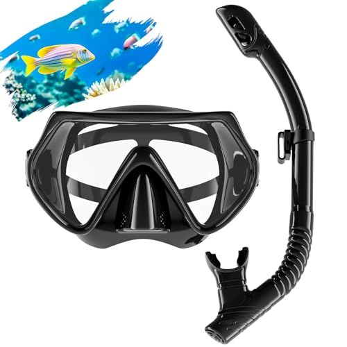 Schnorchelset Erwachsene, Schnorcheln Set mit Taucherbrille und Dry Schnorchel, Anti-Fog Anti-Leck Schnorchelmaske aus Gehärtetem Glas, für Tauchen Schnorcheln Schwimmen (Schwarz)