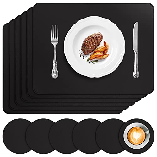 APLKER Tischset Leder 6er Set - Kunstleder Platzset Abwaschbar, Hitzebeständig Doppelseitigen Wasserdicht Platzdeckchen Lederoptik mit Tischuntersetzer rutschfest, 16 x 12 Zoll,Schwarz