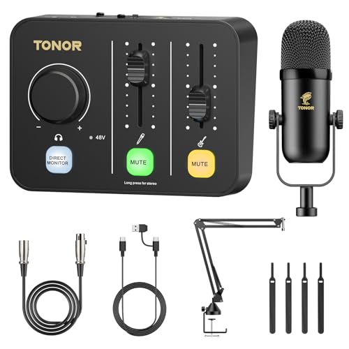 TONOR Podcast Mikrofon Set mit Audio Interface & Mikrofonarm, XLR Mikrofon, Kondensatormikrofone, Audio Mixer, Lautstärkeregler, 3D Stereoklang, für Recording, Podcasting, Streaming, POD-1