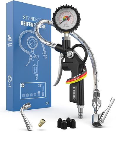 Reifenfüller mit Manometer [inkl. Adapter & Ersatzkappen] – Reifendruckfüller für Werkstatt, Auto und Fahrrad – Reifenfüller mit Schlauch und Luftdruckprüfer für Kompressor