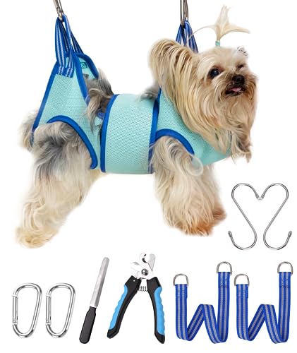 Kkiimatt Haustierpflege-Hängemattengeschirr,Hundepflege-Hängematte kleine Hunde,Hundenageltrimm-Hängematte mit Nagelknipser,Hundehängematte zur Pflege mit breitem Riemen (XX-Small 3.5 KG Max/Türkis)