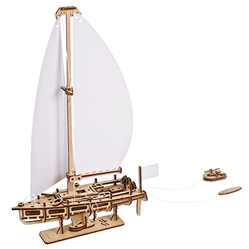 UGEARS Ocean Beaty Yacht 3D-Holzpuzzle – Mechanischer Holzmodellbausatz zum Bauen – DIY-Puzzleboot-Spielzeug mit Papiersegeln – Denksport-Bauset für Erwachsene