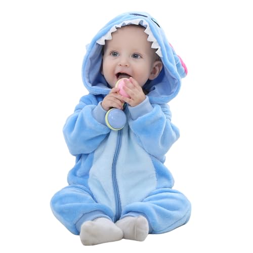 Baby Overall Winter Baby Strampler Warm Flanell Stitch Dinosaurier Einhorn Kostüme für Baby, Cute Onesie Schlafanzug Kapuze Kinder Pyjamas Schlafsack mit Ärmel Füßen Stitch 110(24-30 Monate)