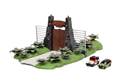 Jada Toys Jurassic World Nano Scene (17x18 cm) - Spiel-Kulisse mit Jurassic Park Tor, 2 Metall-Autos (Jeep Wrangler und Ford Explorer) & Dinosaurier-Deko, für Fans und Kinder ab 6 Jahre