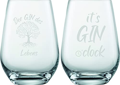 EKM Living Schott Zwiesel 2er Set Ginglas 548ml mit Gravur Gin des Lebens & Gin o' Clock – lustige Geschenkidee für Ginliebhaber, Frauen, Männer, Freunde im Geschenkkarton (ohne Stiel, Set 2)