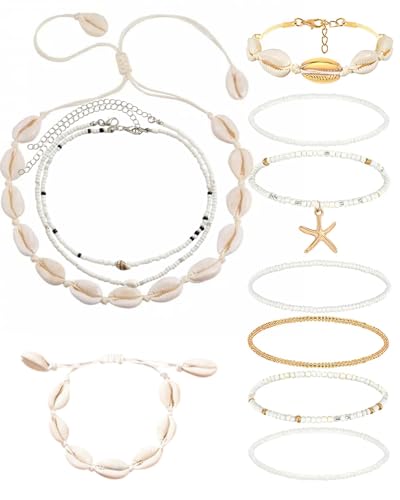 TPZORJX 11Pcs Muschelkette Damen, Muschel Halskette Armband Set mit Boho Schmuck, Damen Böhmischer Stil Perlenarmband Set Fußkette Muschel Dekor Boho Schmuck Damen Kette Muschel