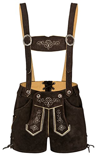 TR Martha Damen 100% Wildleder - Trachtenlederhose Kurz Hotpants - Trachtenlederhose Damen kurz - Oktoberfest Lederhose (44, Dunkelbraun)
