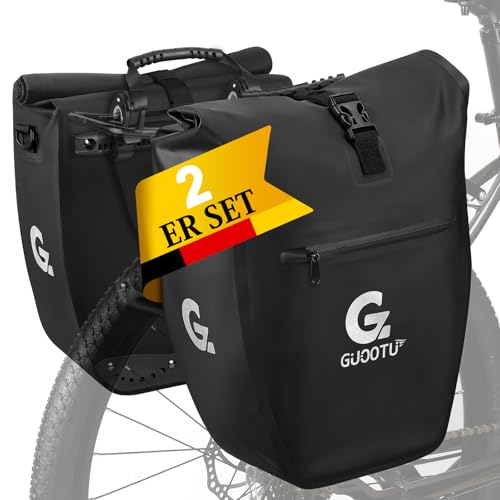 GUOOTU 2 Er Set Fahrradtasche für Gepäckträger 64L,aus Tarpaulin Hinten Gepäckträgertasche mit Reflektoren, mit Tragegriff und Schultergurt(Schwarz 32L, 2er Set)