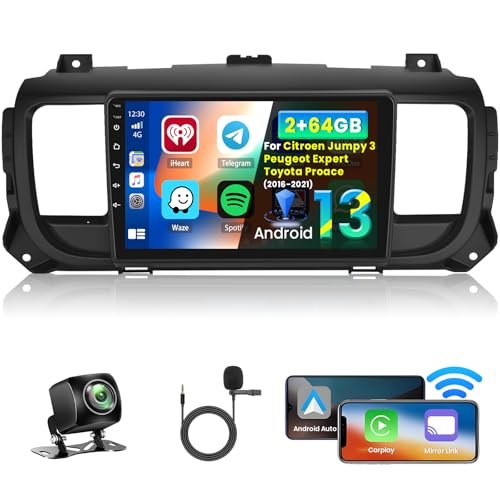 Inefala Android Radio für Citroen Jumpy 3/Peugeot Expert/Toyota Proace 2016-2021 mit Wireless CarPlay Android Auto 2+64G, 9'' Bildschirm mit DSP 28UI FM RDS GPS Bluetooth WiFi SWC AHD Rückfahrkamera