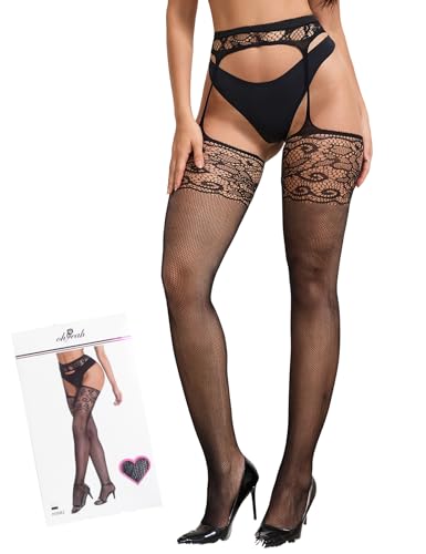 comeondear Damen Strumpfhose mit Muster Große Größen Sexy Strapsstrümpfe Ouvert für Frauen Spitze Strapsstrumpfhose Offener Schritt Netzstrümpfe Strapsen Dessous Reizwäsche Curvy(Schwarz,L-XXL)