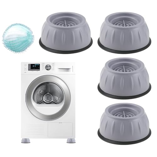 4 Anti-Vibrations-Füße und 1 Borstenfangball für Waschmaschinen – Verbesserte Stabilität, Schutz vor Vibrationen und Kratzern, Universaleinsetzbarkeit, Rutschfester Gummi, Geeignet für Haushaltsgeräte