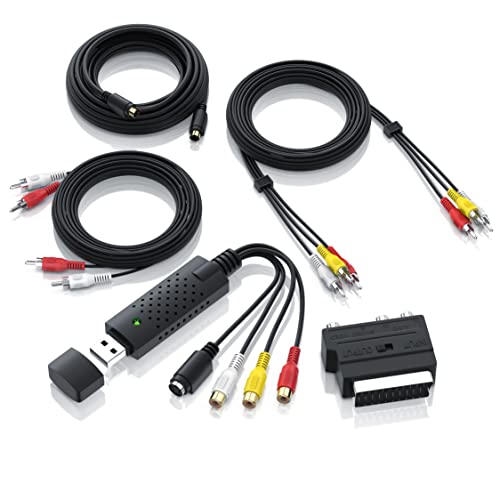 CSL - USB 2.0 Audio Video Grabber inkl. Zubehörset Neue Software Windows 11 fähig - VHS - Videoadapter zur Bearbeitung Nachbearbeitung - vergoldete Kontakte
