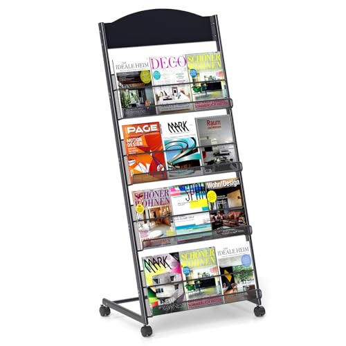 Tcatec Prospektständer Bodenstehender Zeitschriftenständer 4-stufiger Prospekthalter A4 zeitungsständer mit 4-Rädern Zeitungskataloghalter aus Stahl Informationsständer für öffentlichen Orten