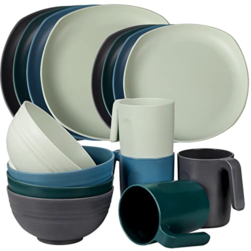 Greentainer Geschirrsets aus Kunststoff | Leichtes und Unzerbrechliches Komplett-Set,Tellerset, Schüsseln,Tassen,Tafel-Service für 4 Person, ideal für Kinder & Erwachsene Wiederverwendbar