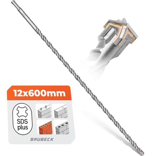 BAUBECK SDS Plus Bohrer 12mm x 600mm Lang für Beton & Stein - Premium 40CR Stahl, Langlebig - 4 Schneiden Steinbohrer für Beste Ergebnisse - Betonbohrer SDS