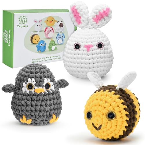 Häkelnadel-Set für Anfänger, Starter-Set mit Videokurs in deutscher Sprache, Schritt für Schritt, häkelset tiere,crochet set,Anfänger für Erwachsen,häkelset kinder-Kaninchen-Pinguin-Biene