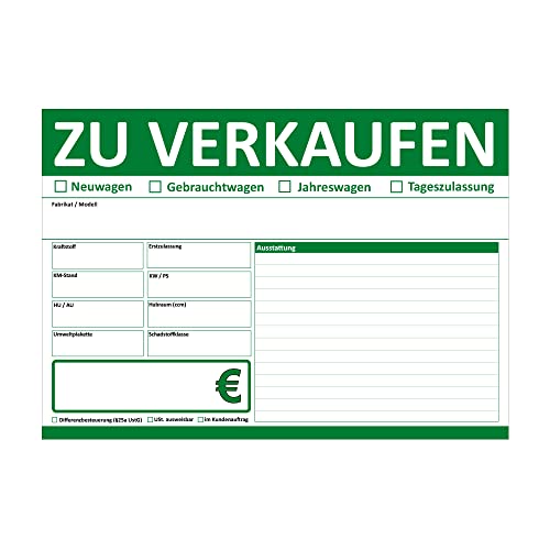 4WAY Verlag 10 Stück KFZ Auto Verkauffschilder grün DIN A4 ZU VERKAUFEN beidseitig bedruckt