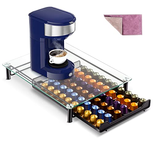 Myiosus Kaffee Kapselhalter, Kaffeekapseln Aufbewahrung Schublade von 60 Kapseln, Kaffee Kapselständer mit Gehärtetem Glas Oberseite, Kaffeekapselhalter für Küche Büro, Senden 1 Reinigungstuch