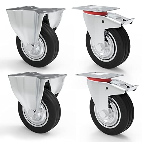 PRIOstahl TR-Set-2 Transportrollen Schwerlastrollen 4 Stück Bockrollen & 2X Lenkrolle mit Bremse | 100mm Durchmesser | Gummi Schwarz | Vollgummi mit Stahlfelge