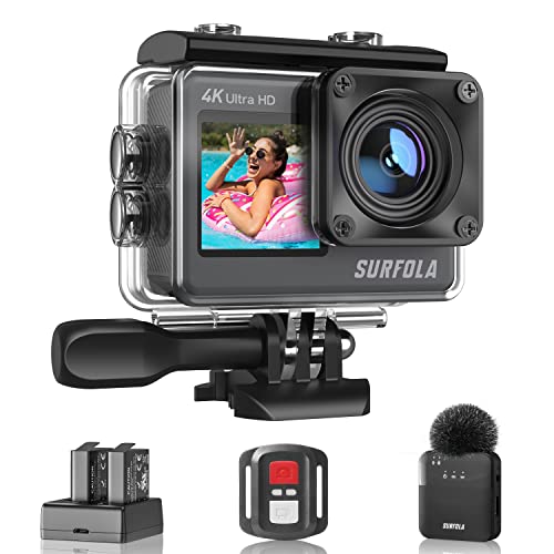 Surfola Action Cam 4K 60FPS Unterwasserkamera, WiFi, 40M wasserdichte Kamera, 170° Einstellbarer Weitwinkel, EIS Helmkamera, Dual-Screen-Camcorder mit kabellosem Mikrofon und 2 Batterien