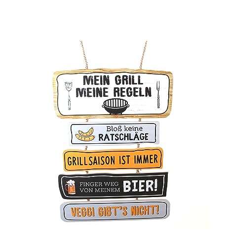 LB H&F Holzschild Grillregeln mit 5 Sprüchen - Mein Grill meine Regeln - Schild XL Grillen Bier Männer Deko Grillecke Außenküche 46 x 35cm