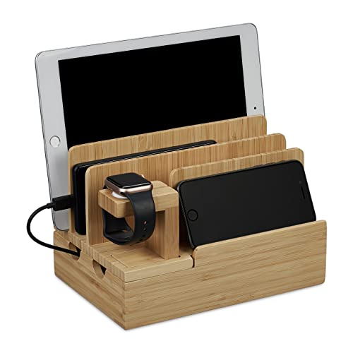 Relaxdays Ladestation, für Apple Watch, Bambus, HxBxT 15 x 21,5 x 15 cm, Handystation, Tablethalter, Uhrenständer, Natur