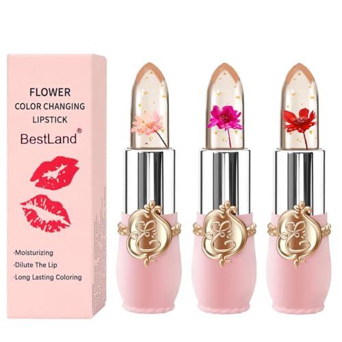 3 Packs Flower Jelly Lippenstift Set Magic Temperature Farbwechsel Lippenbalsam Langanhaltende Feuchtigkeitscreme Aloe Vera Flower Jelly Lippenstift Makeup Set (3PCS Set A)
