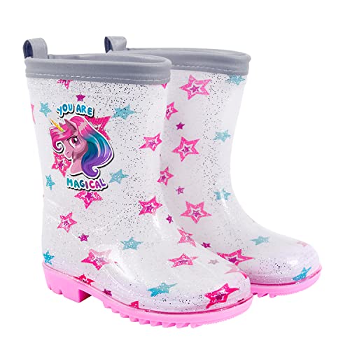 PERLETTI Kinder Einhorn Regenstiefel mit Glitzern - Weiße Wasserdichte Gummistiefel Regen Stiefel Rutschfest mit Silber Rand Reflektierend - Unicorn Stiefeletten Kleinkind Mädchen (Silber, 28/29 EU)