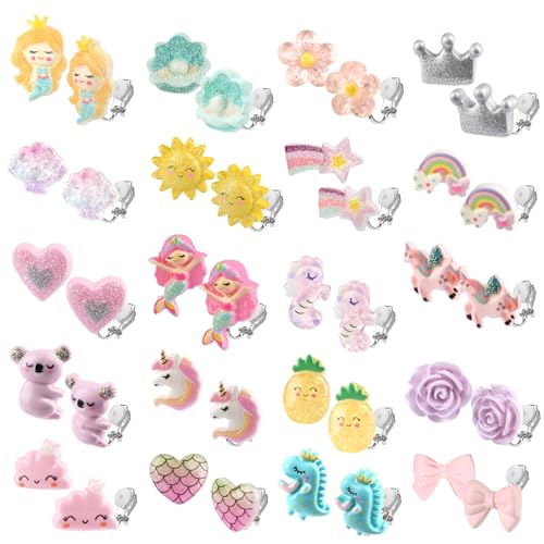 20 Paar Ohrclips Mädchen, Glitzer Ohrclips harz, Ohrringe Klipp für Kinder, Clip Ohrringe Mädchen, mit Herzform, Blume, Wolke usw., Nein Durchbohrt, für Mädchen