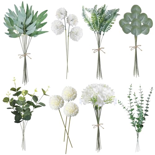 ROLLWAY 55 Stück Künstliche Zweige & Kunstblumen, Weiß Blumen Blätter Künstlich Dekozweige, Kunst Blumen Kunstblumenstrauss Eukalyptus Hortensien für DIY Blumenstrauß Brautstrauß Hochzeit (55, Weiß)