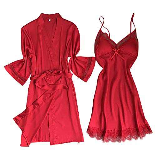 Lazzboy Satin Silk Pyjama Nachthemd Frauen Robe Unterwäsche Nachtwäsche Dessous Damen Nachtkleid V Aussschnitt Gedruckt Schlafshirt Negligee Für Sommer Kleider(Rot,M)