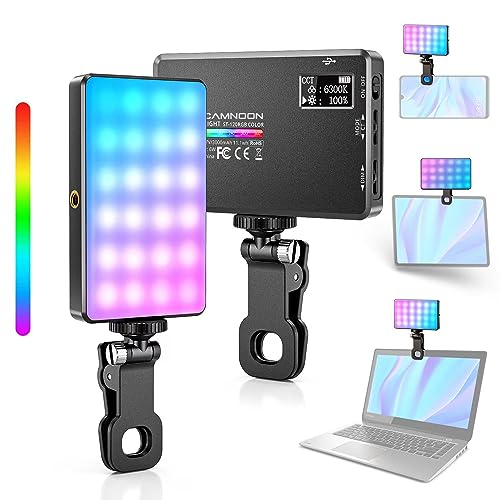 Videoleuchte LED mit Clip, Camnoon Selfie Streaming Licht mit 120 LED Perlen 1000Lux, 2500K-9000K, 20 Szenenlichteffekte, 117G Tragbare Fotolicht für Outdoor Mobile, TikTok-Videodreh, Handy/Laptop
