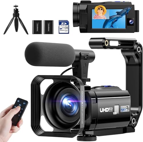 Videokamera 5K 56MP Camcorder Doppelobjektiv WiFi 16X Digitalzoom 3" Touchscreen Vlogging Kamera für YouTube IR Nachtsicht Camera mit 2 Batterien,64GB Karte,Mikrofon,Gegenlichtblende,Fernbedienung