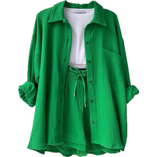 Musselin Set Damen Bluse Sommer Outfits 2 Teiler Musselin Anzug Damen Streatwear Trainingsanzüge Für Blusen Zweiteiler Sommer Set Musselin Damen Sommerbluse Sommer Outfit (B Green,L)