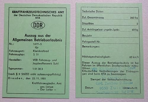 SAMMLERSTÜCK !!! ABE S51 Betriebserlaubnis Simson S 51 mit echtem DDR IFA VEB Stempel