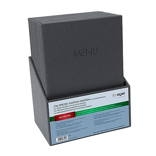 SIGEL SM204 Speisekarten-Mappen A4 - Set: 10 Stück mit gratis Aufbewahrungsbox - Gummi-Bindung, anthrazit mit Leinenstruktur, strapazierfähig und leicht abwischbar