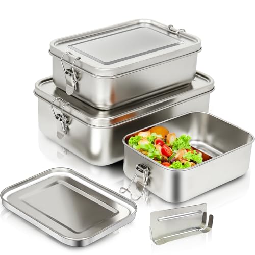 DEKELIY 3er Pack 304-Stahl-Bento-Boxen, Mit Lunchbox Edelstahl in Den Volumina 2400 ml,1400 ml und 850 ml, Leckdichte und Stapelbare Stahl-Brotdose Edelstahl Für Suppe, Salat und Restmahlzeiten