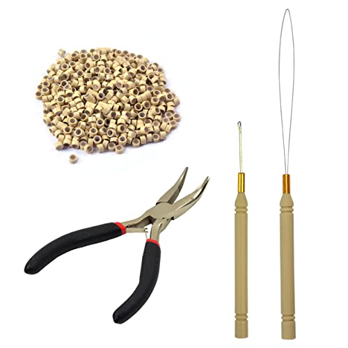 Microring Haarverlängerung Set mit 1 Microring Hair Zangen 1 Stück Microring Nadel Einfädler 1 Ziehen Haken und 500 Stück Microringe für Haarverlängerung Zubehör (Blond)